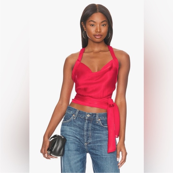 LNA Two Way Wrap Red Satin Crop Top Halter Silky Open Back Revolve Small NWT - Picture 1 of 11